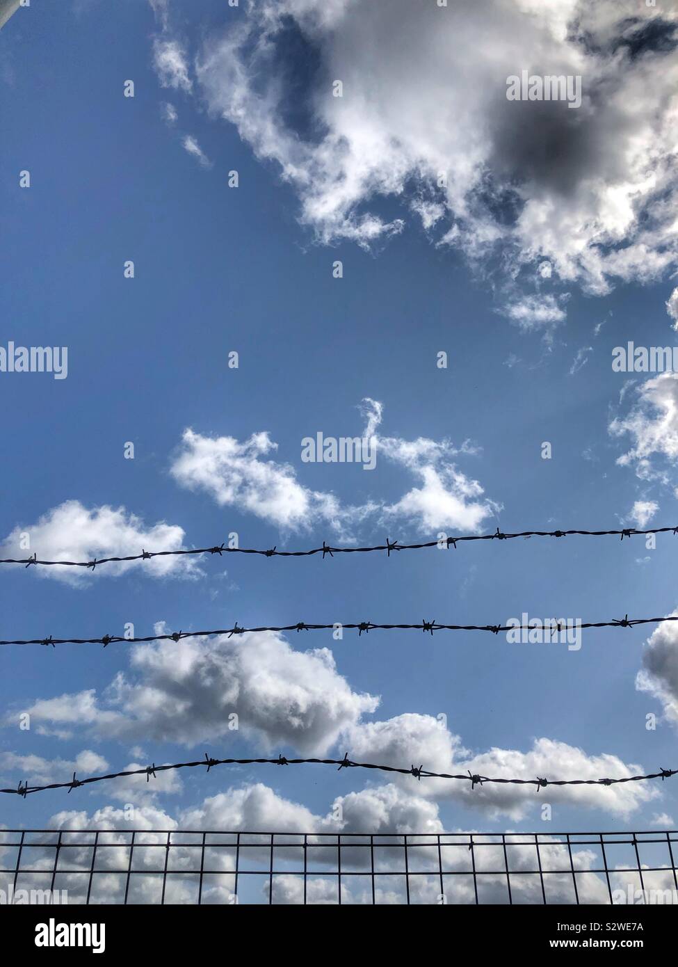 Stacheldraht Zaun und blauer Himmel - Smartphone-aufgenommenes Stockfoto