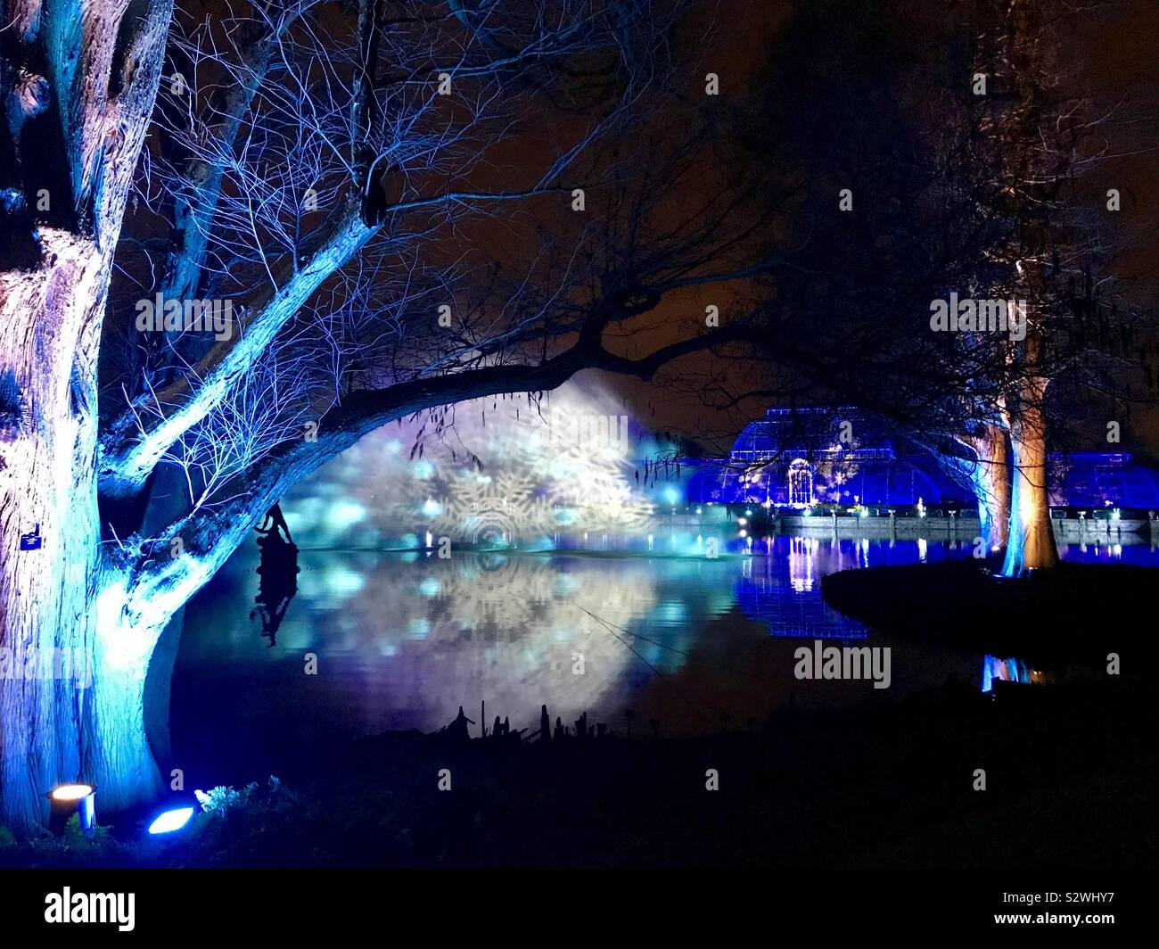 Lichtprojektionen über See in den Kew Gardens in Kew, Weihnachten 2018, London, UK Stockfoto