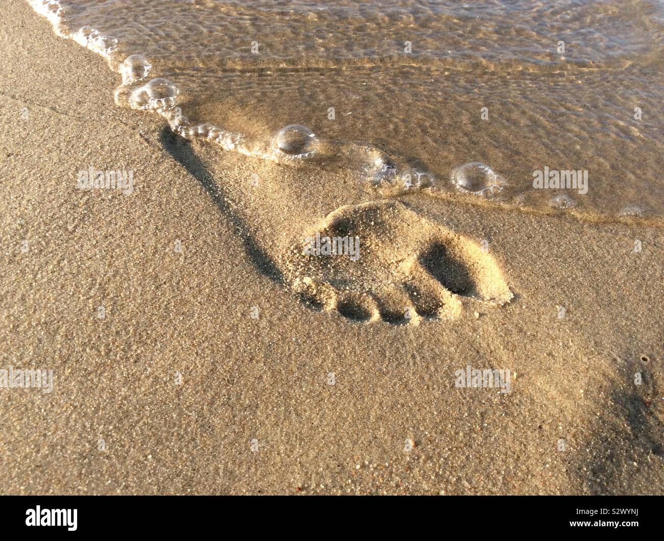 Einzelne menschliche Präsenz auf Sandstrand Stockfoto