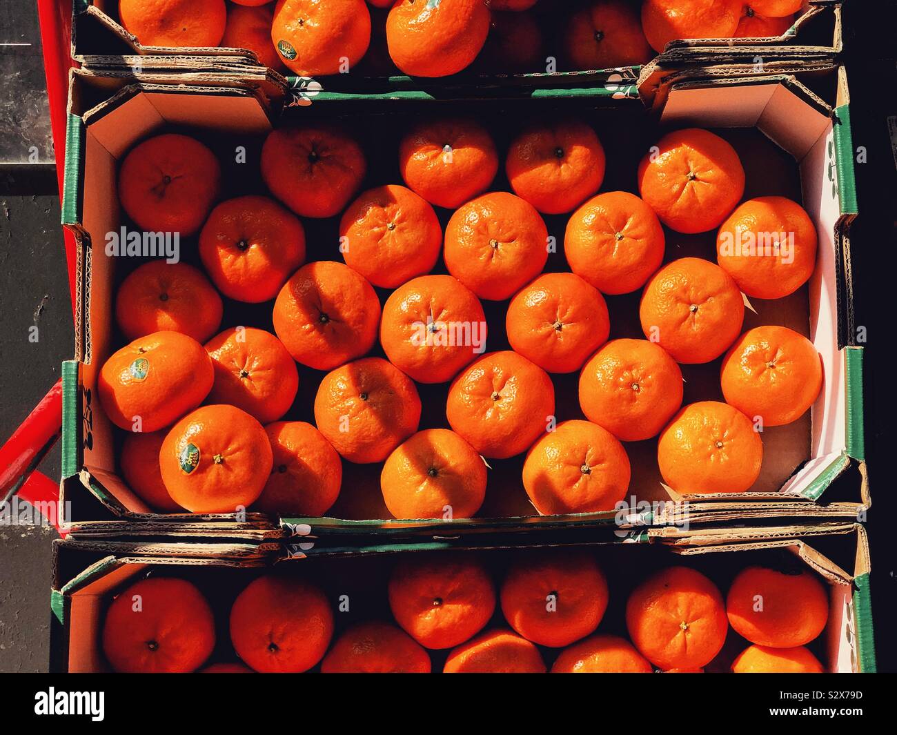 Boxen mit sizilianischen Orangen auf dem Markt in Paris Stockfoto