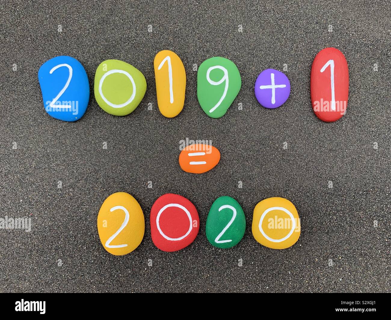 2019 plus Eins gleich 2020, Frohes Neues Jahr für Zahlen Liebhaber Stockfoto