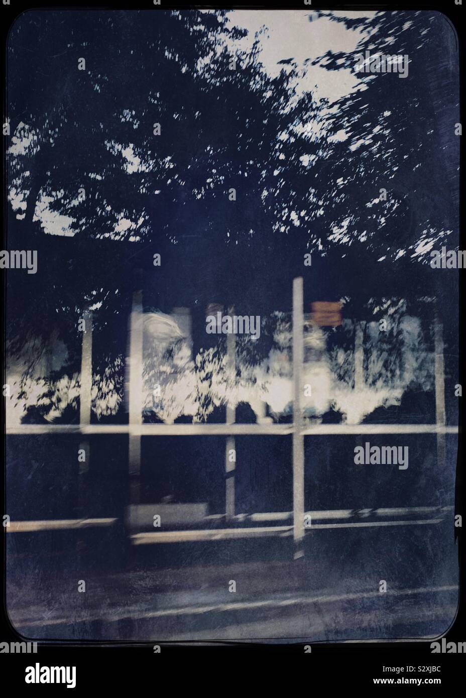 Eine Bushaltestelle mit Bäumen in ihrer Glasscheiben wider Stockfoto