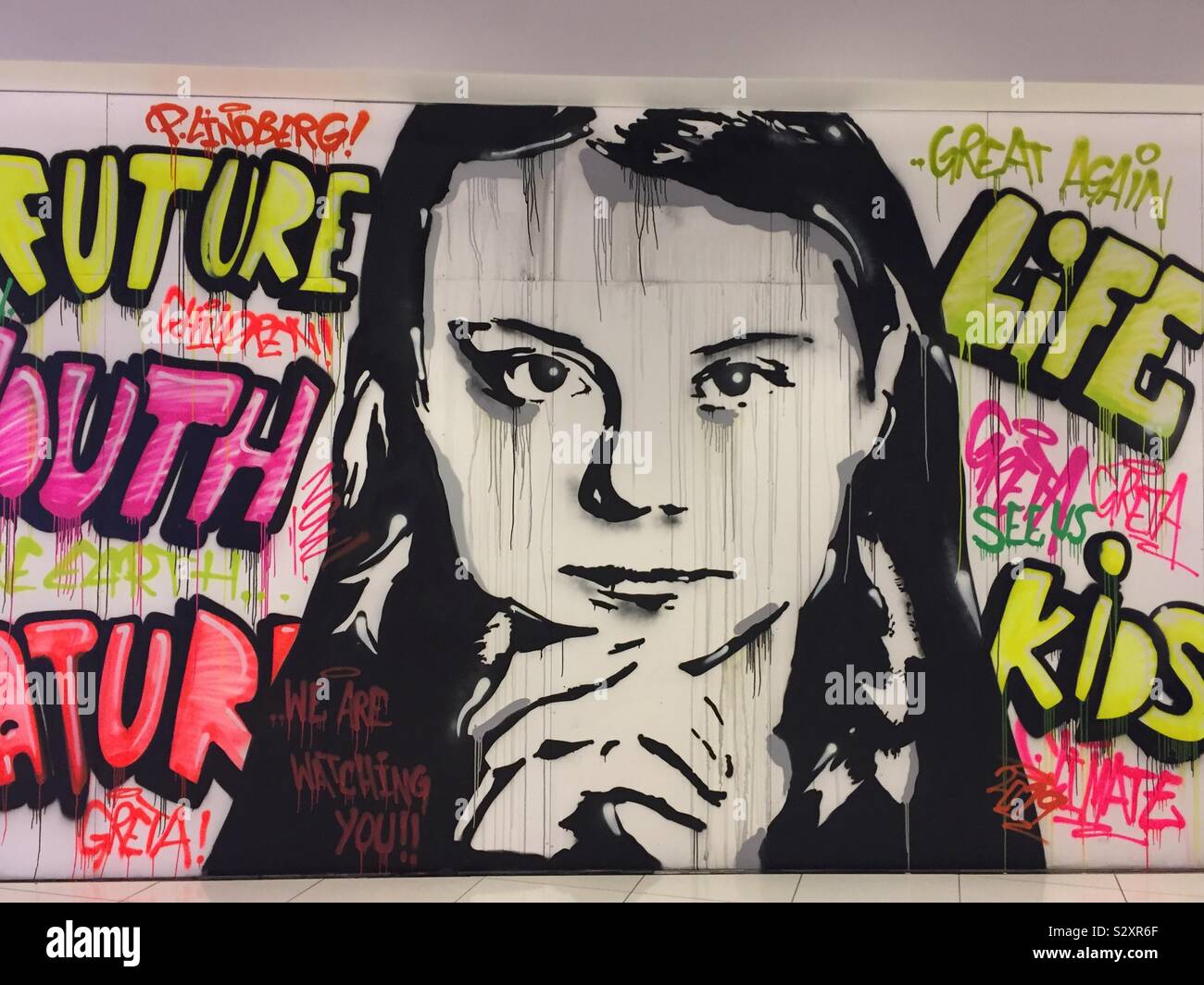 Wandmalerei, Greta Thunberg. Artist: Patrik Lindberg, Örebro, Schweden. Stockfoto
