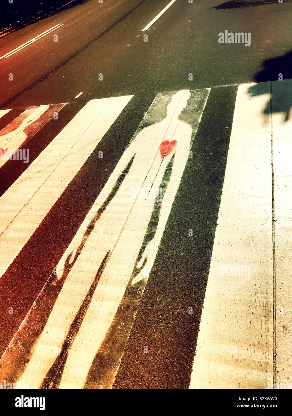 Ein zebrastreifen auf der Park Avenue verfügt über einen männlichen Silhouette mit einem roten Herzen grenzenden Fußgängerzone Sicherheit NYC, USA Stockfoto