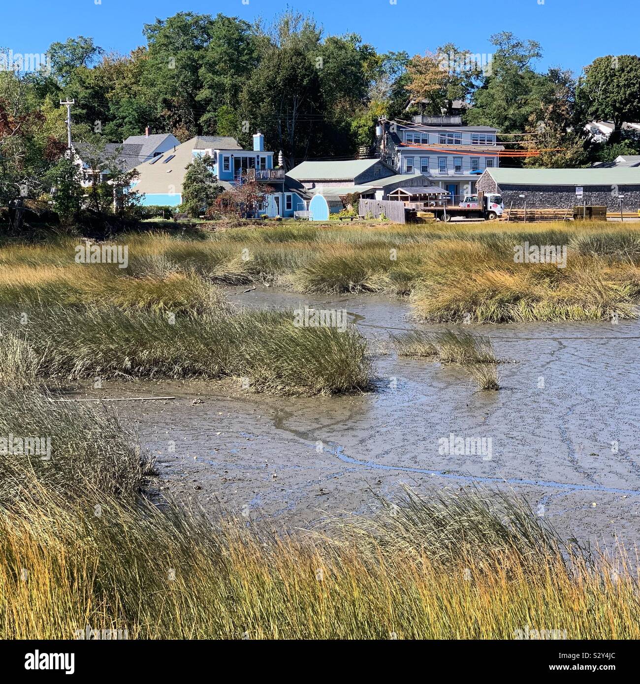 Blick über Feuchtgebiete in Richtung Wohnungen in Wellfleet, Cape Cod, Massachusetts, United States. - Smartphone-aufgenommenes Stockfoto