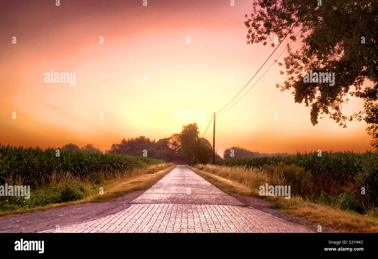 Orange Rot sunrise Glühen über eine Landstraße in der Morgendämmerung - Smartphone-aufgenommenes Stockfoto