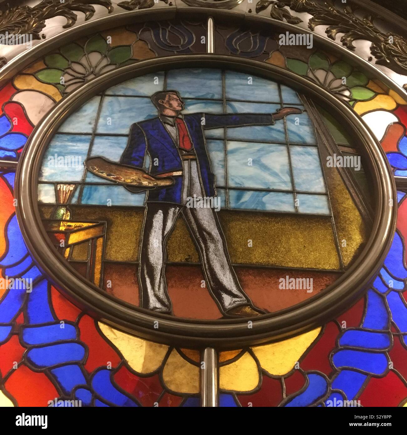 Glasmalerei Künstler Panel an Moskau Russland U-Bahnstation Novoslobdaya Stockfoto