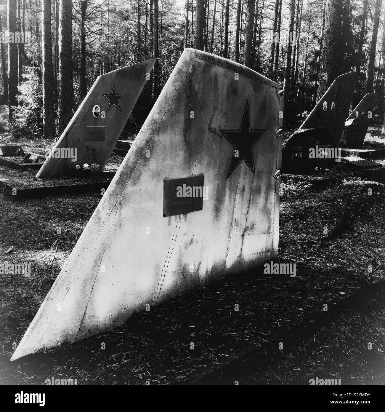 Amari Piloten Friedhof, ein gruseliges Sowjetischen Soldatenfriedhof in Estland mit Flugzeugen Schwanzflosse als ernste Markierungen Stockfoto