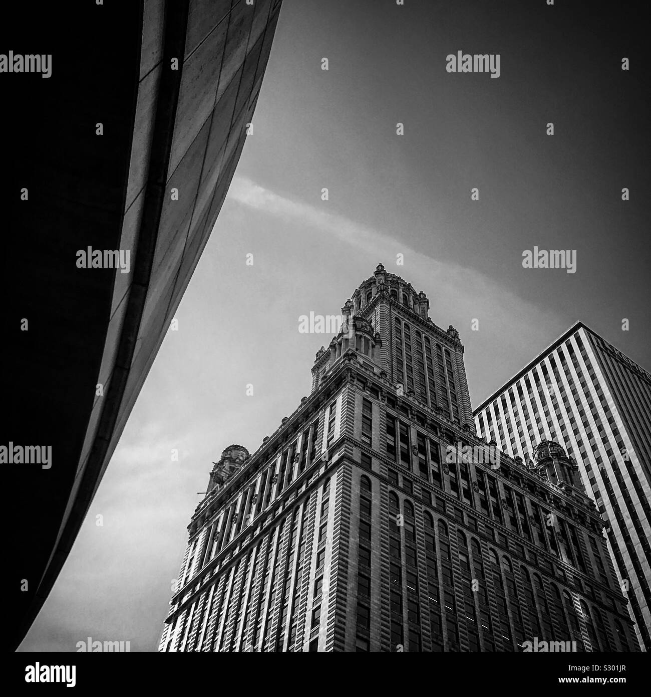 Schwarz-weiß Foto von juweliere Gebäude in Chicago Stockfoto