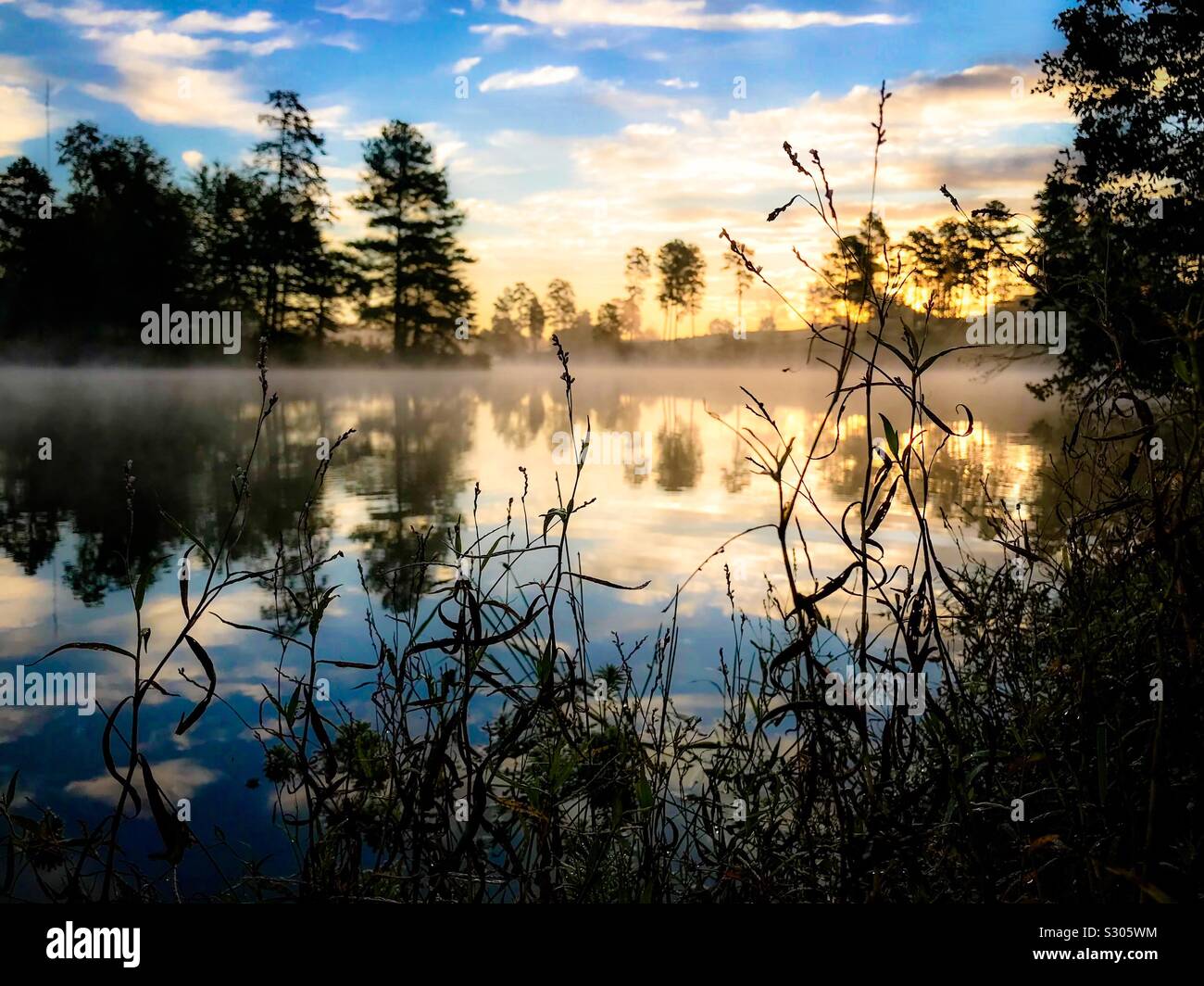 Verträumte Foto von klaren Oktober Sonnenaufgang über misty See Stockfoto