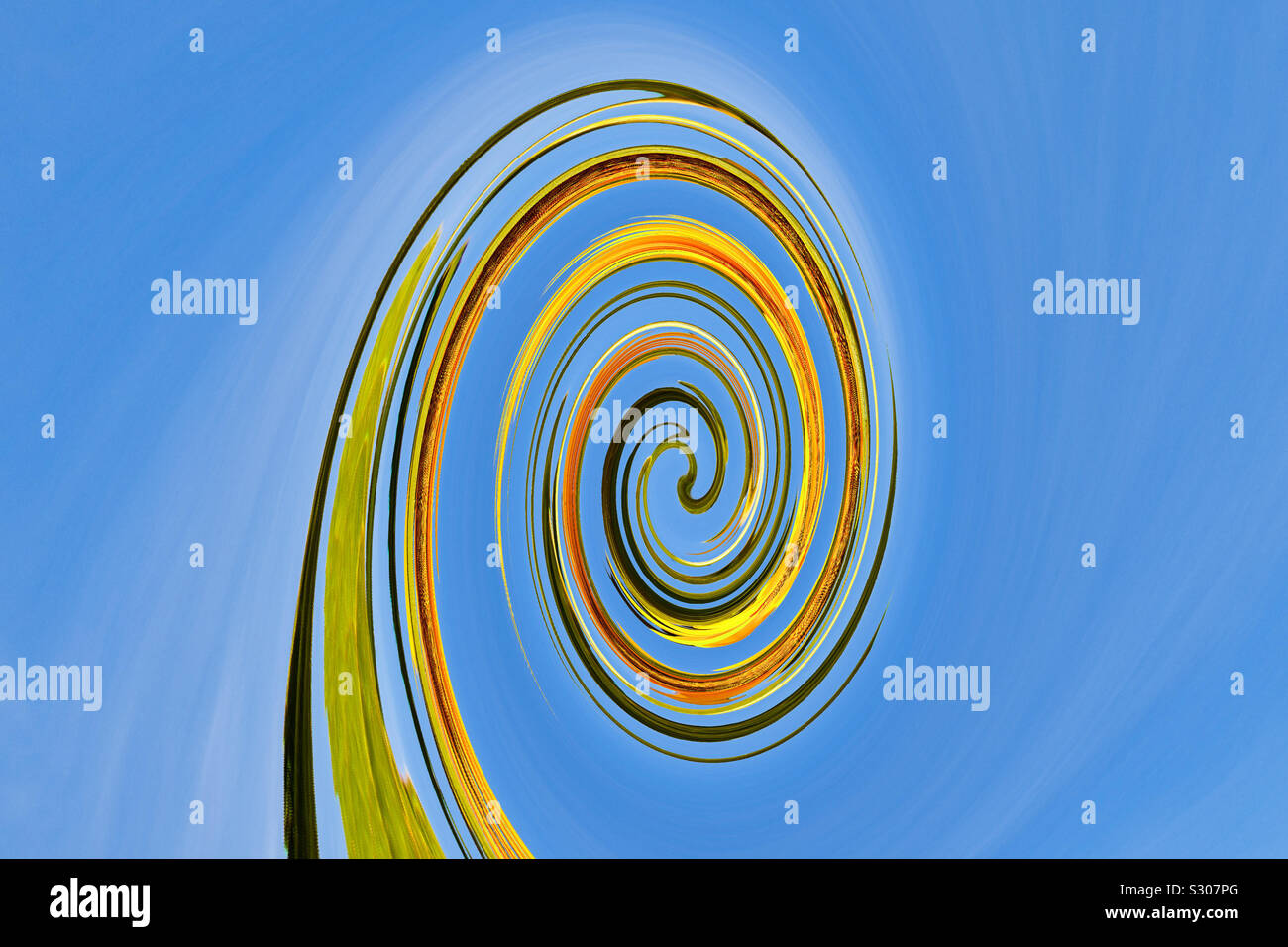 Abstrakte grafische Darstellung eines Grün, Gelb amd schwarz gefärbte Spirale auf blauem Hintergrund wie ein Himmel. Die konzeptionelle Struktur besteht aus unterschiedlichen Leuchten Stockfoto