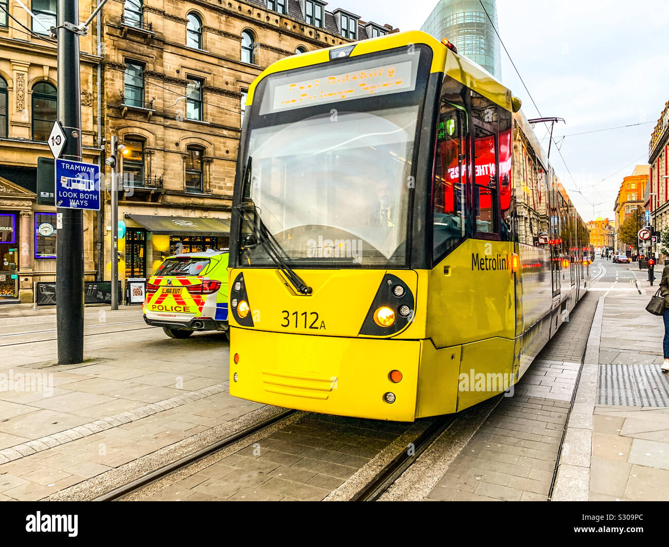 Metrolink tram Corporation Street in Manchester. Stockfoto