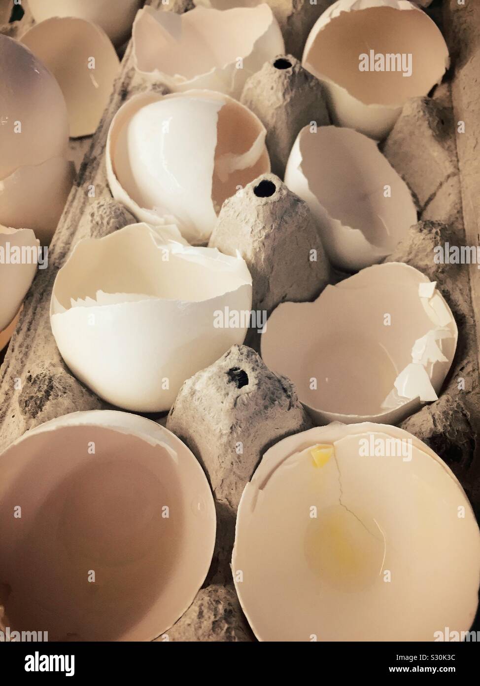 Eierschalen in einem Karton Nahaufnahme - Smartphone-aufgenommenes Stockfoto