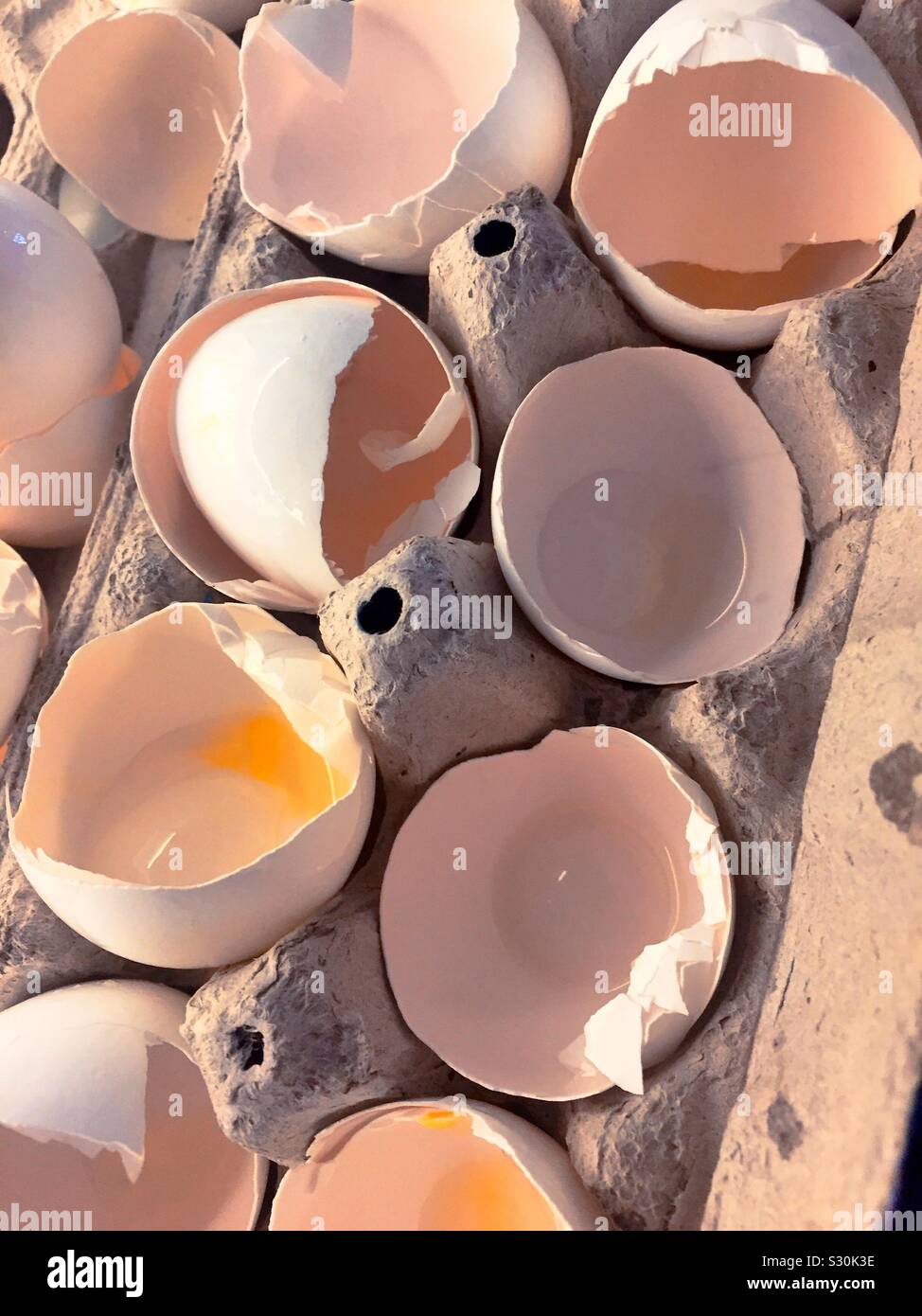 Nahaufnahme von einem Karton von Eierschalen, - Smartphone-aufgenommenes Stockfoto