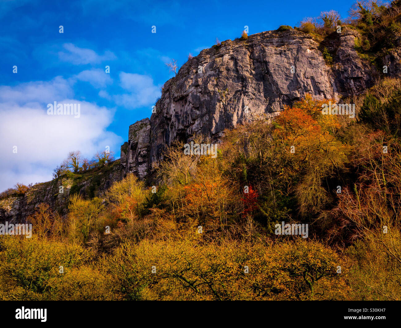 Hohe Tor einen berühmten Felsformation in Matlock Bath Derbyshire Peak District England Großbritannien mit Herbst Bäume unterhalb - Smartphone-aufgenommenes Stockfoto
