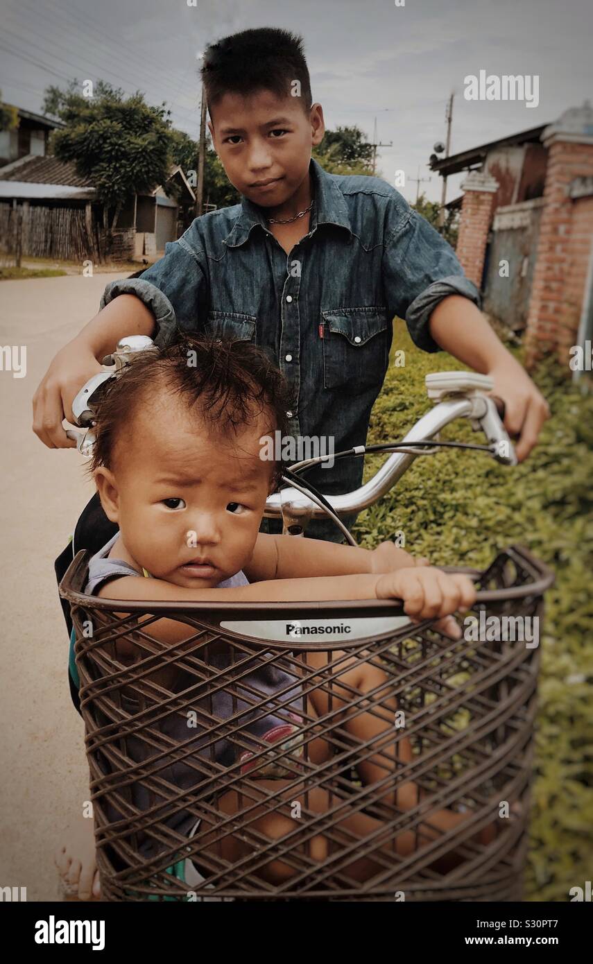 Niederlande. Drei Kinder sitzen in einem speziellen Fahrrad-Korb in  Amsterdam und legen den Sicherheitsgurt an Stockfotografie - Alamy