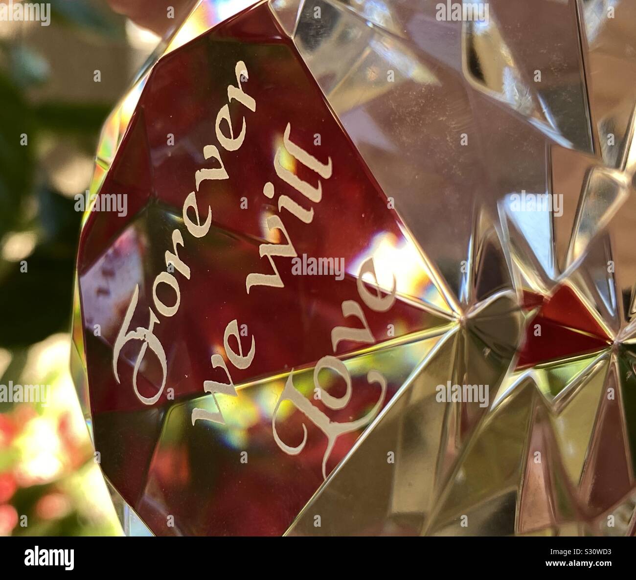 Mit gravierten Prisma mit Meldung über die Verwendung von Red outdoor Blumen als Hintergrund liebe Abstract Stockfoto