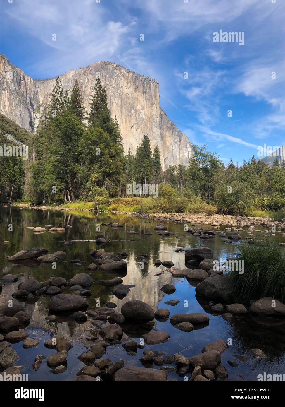 Reflexion des El Capitan in einem kleinen See im Yosemite Nationalpark, USA. Stockfoto