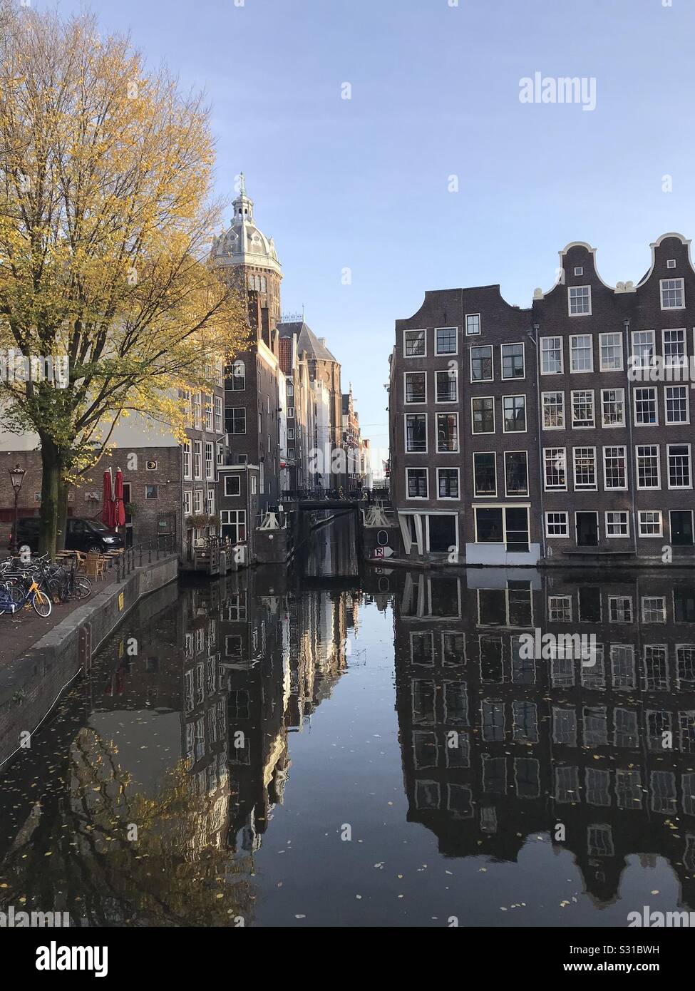 Bäume und Gebäude Reflexionen auf dem Wasser. Herbst morgen neben Grachten Amsterdam - Smartphone-aufgenommenes Stockfoto