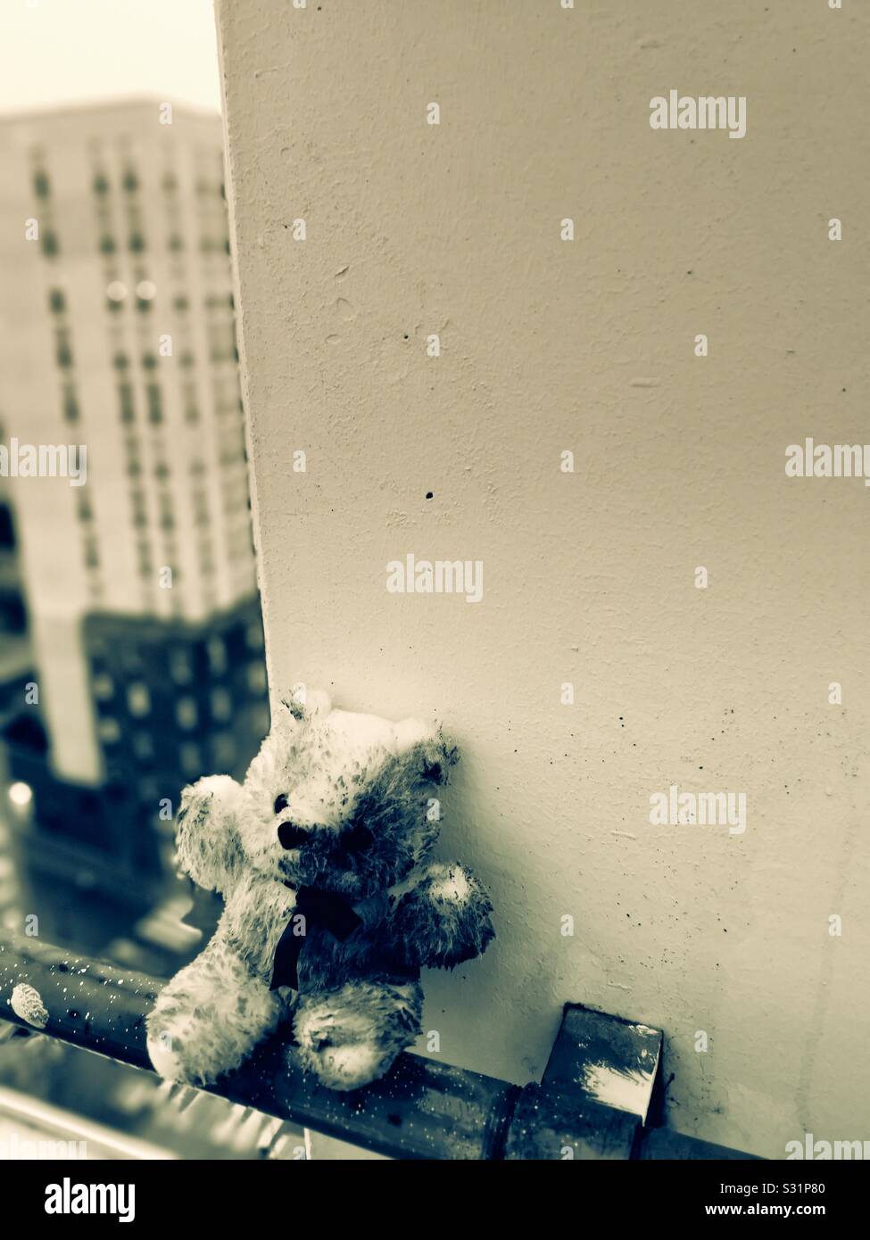 Teddybär auf Vorsprung der Hochhaus in der Dämmerung, die Person betrachten, die ihre Leben durch Selbstmord Stockfoto