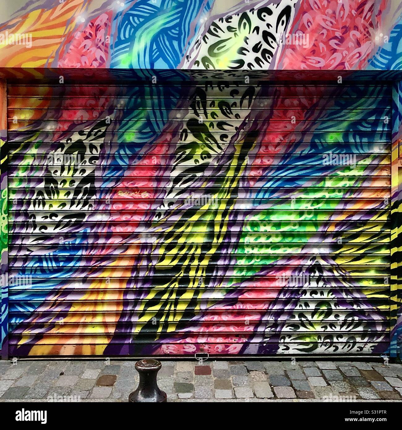 Street Art auf einer geschlossenen shop Sicherheit Verschluss in der Bastille Viertel von Paris, Frankreich. Stockfoto