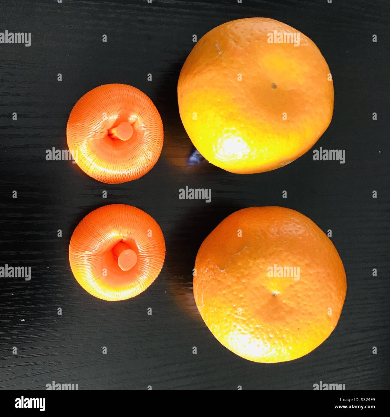 Handgemachte und echte Früchte zwei Mandarinorangen, Symbol des chinesischen Neujahrs, Lunar Neujahr Stockfoto