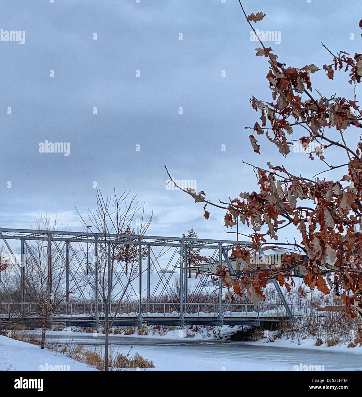 Dubuque, IOWA, 26.01.20 Landschaftsfoto der Metallbrücke Whitewater Creek über einen teilweise gefrorenen und schneebedeckten Teich unter blauem Himmel an einem kalten Wintertag. Stockfoto