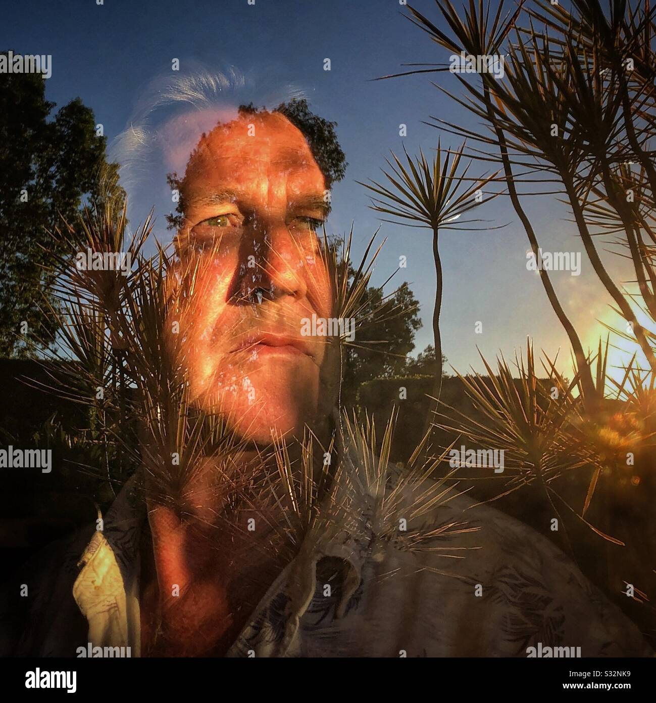 Mans Reflexion durch Fenster selbst Isolation Coronavirus Lockdown Stockfoto