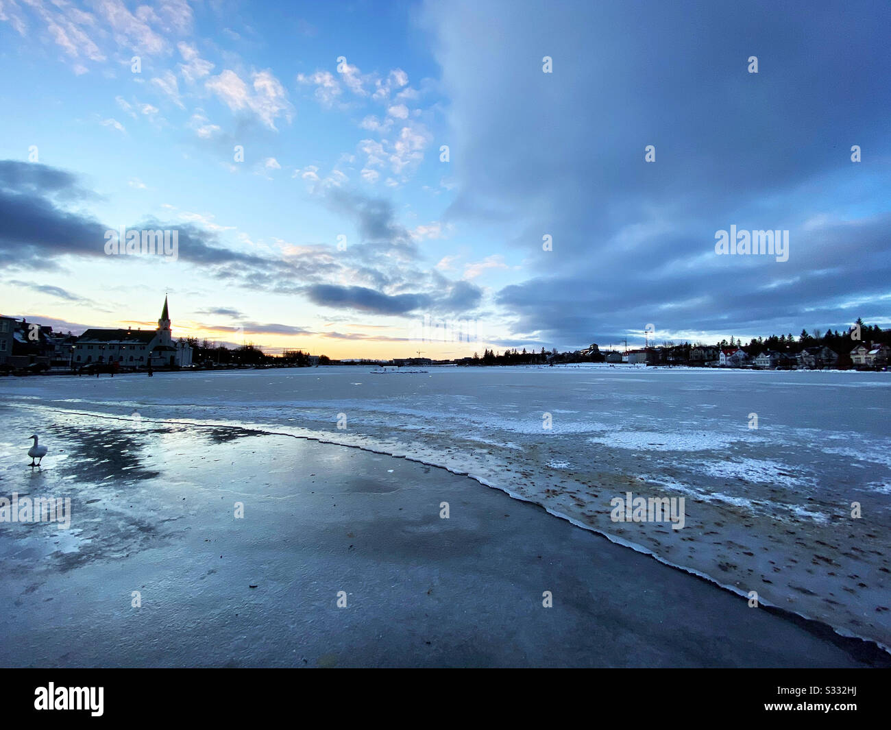 Dezember 2019 um 12.00 Uhr mittags Reykjavikurtjorn oder Reykjaviks Teich Tjornin. - Smartphone-aufgenommenes Stockfoto