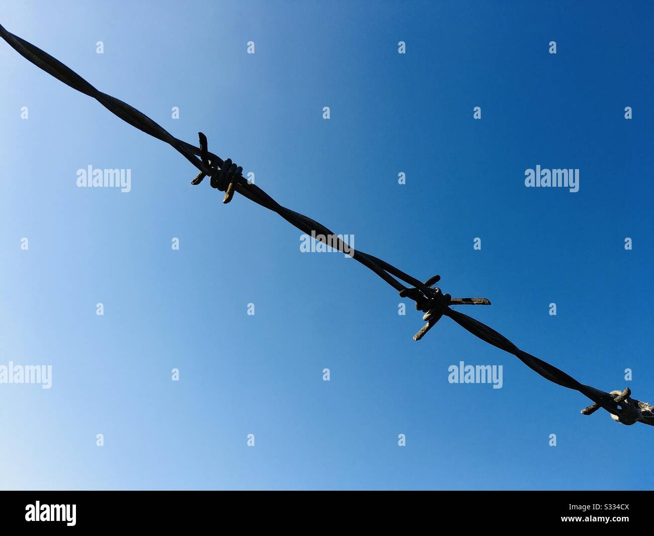 Stacheldraht gegen blauen Himmel - Smartphone-aufgenommenes Stockfoto