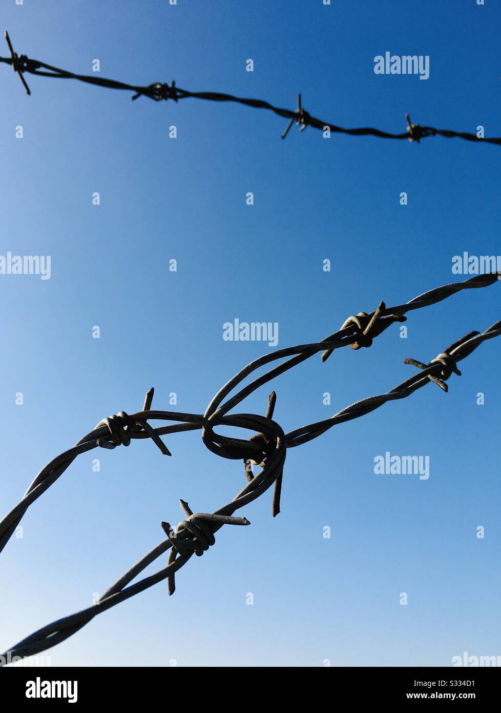 Stacheldraht gegen blauen Himmel - Smartphone-aufgenommenes Stockfoto