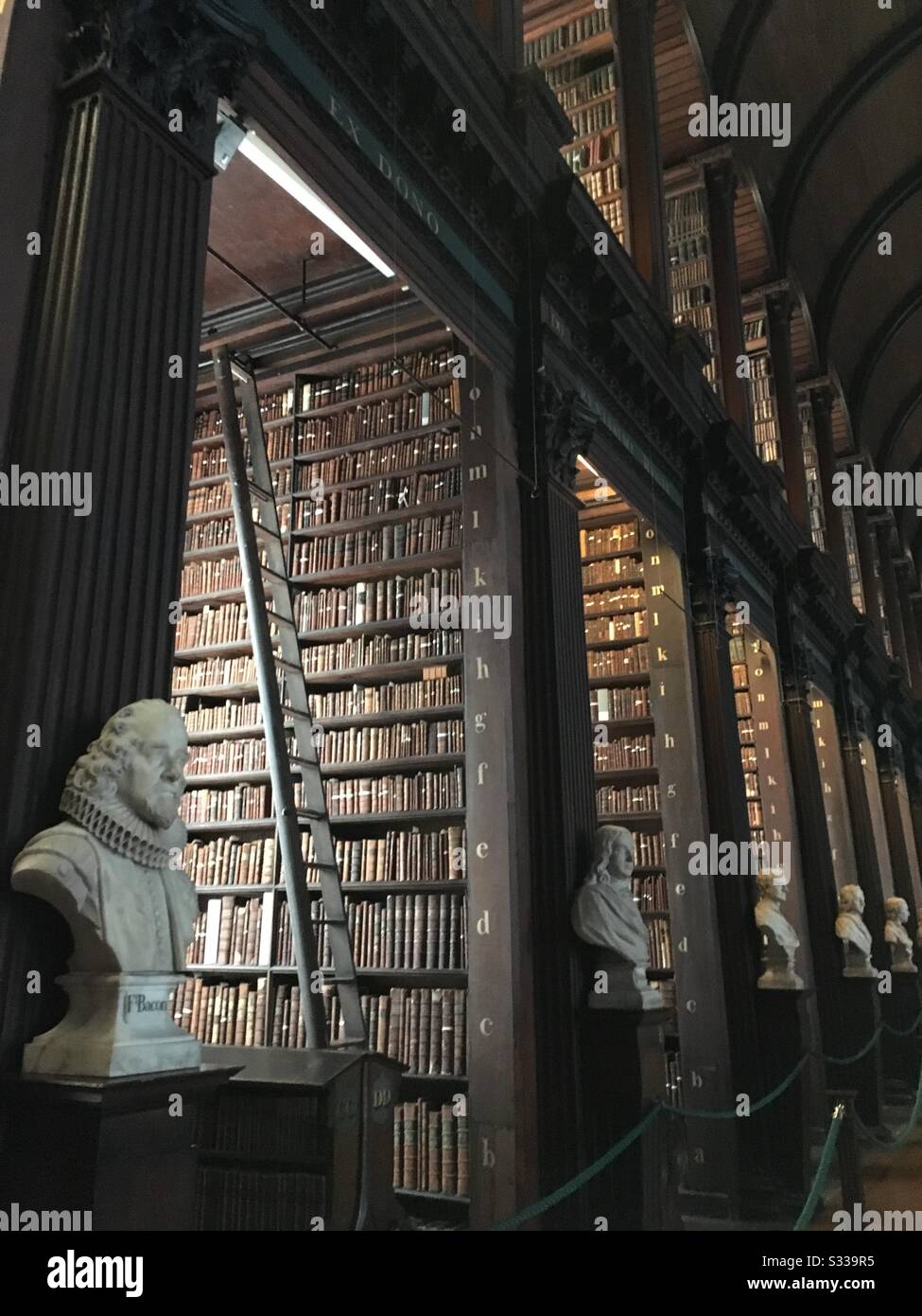 Zeile mit hohen Bücherregalen in der alten Bibliothek Trinity College Stockfoto