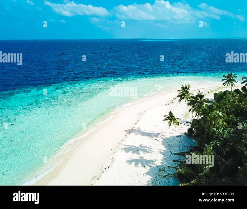 Schöne Sandstrandinsel mit Kokospalmen und der schönen Lagune Stockfoto