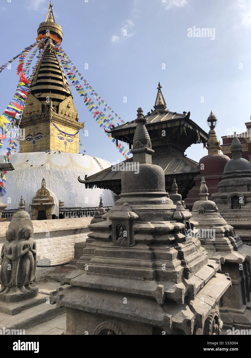 Sightseeingtour in Kathmandu, Besuch des Affentempels, Swayambhu Stupa. Stockfoto