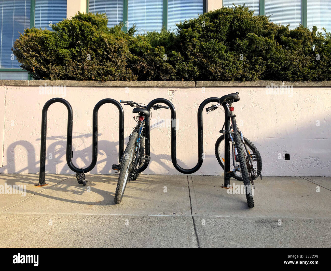 Zwei Fahrräder auf einem öffentlichen Fahrradträger Stockfoto