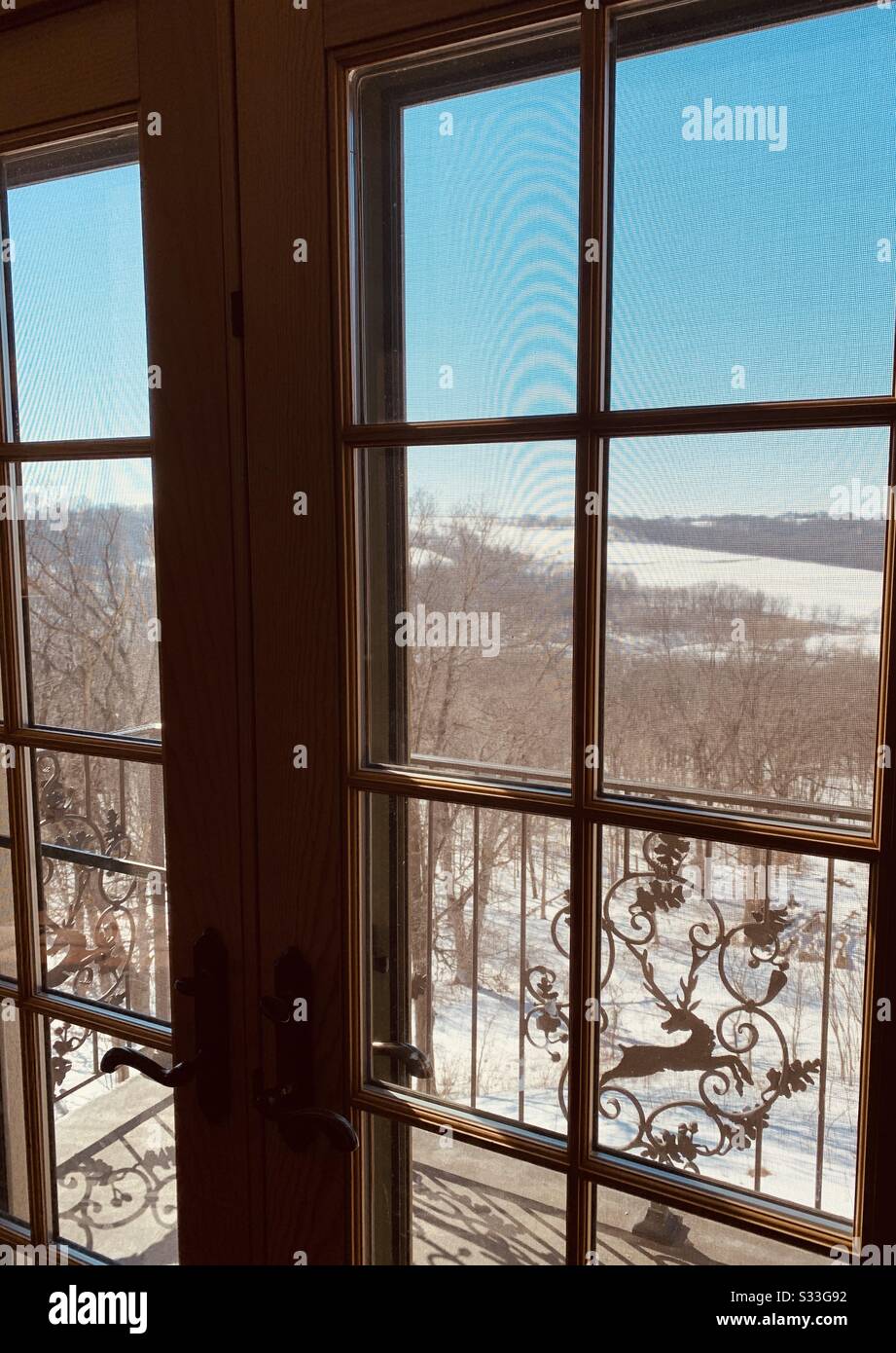 Dubuque, IOWA, 23.02.2020 - Foto einer aufwendig gestalteten Holztür und Paneelfenster mit wunderschönem Blick auf die Landschaft von schneebedecktem Ackerland am sonnigen Tag. Stockfoto