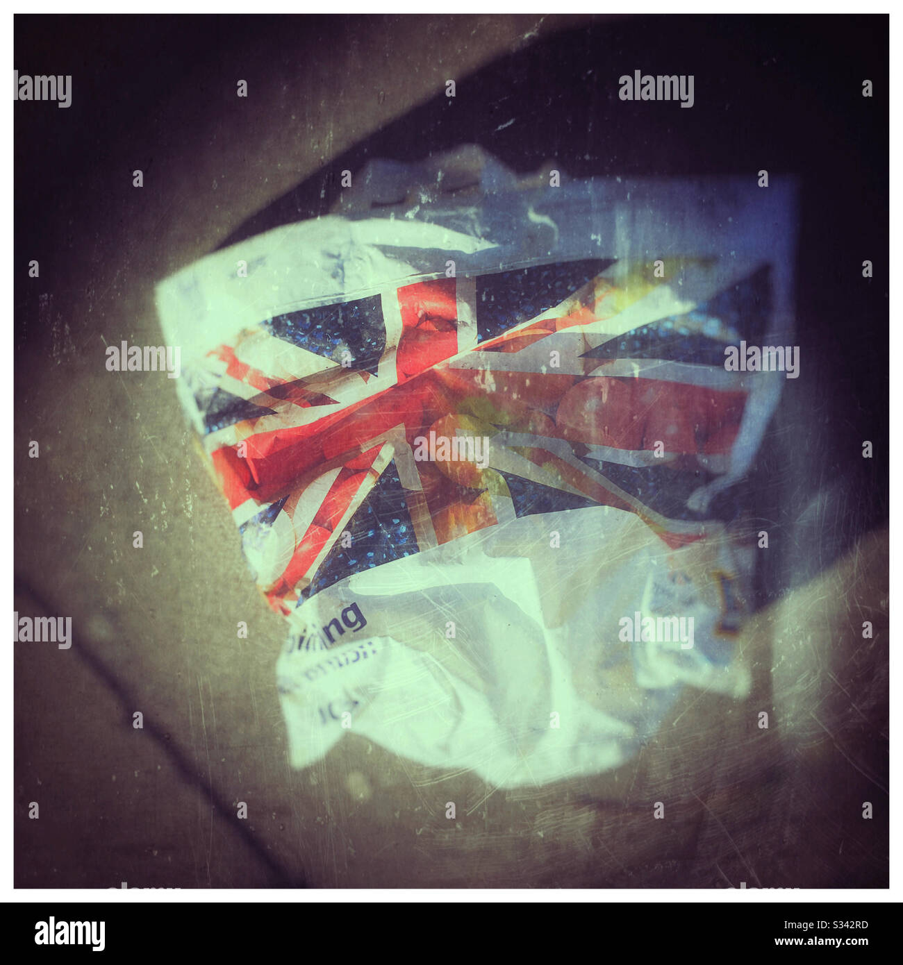 Union Jack auf einer weggeworfenen Plastiktüte Stockfoto