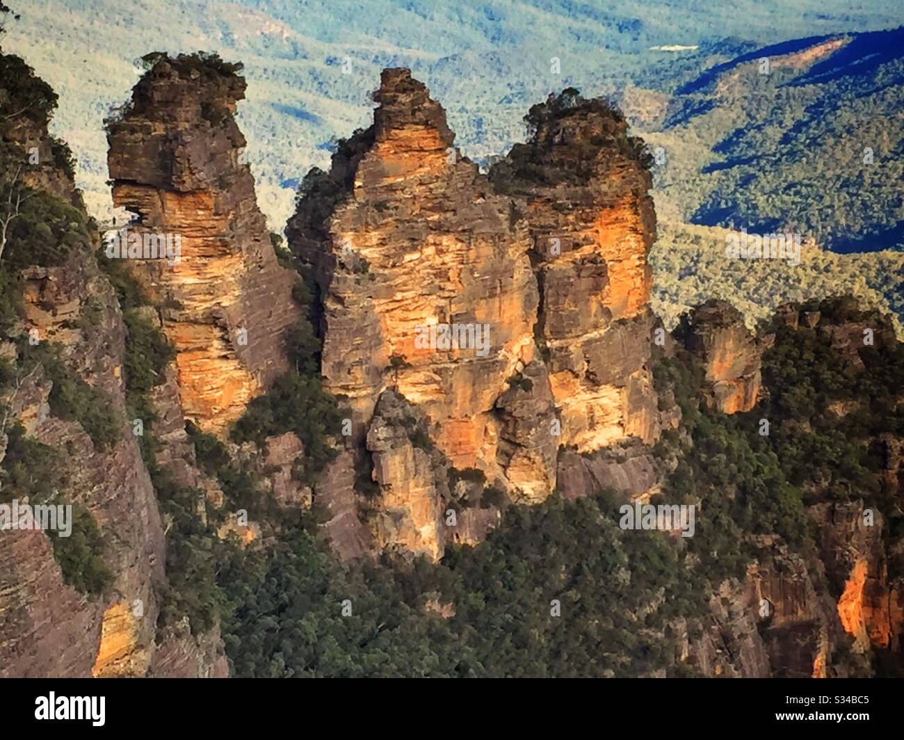 Das Sonnenlicht am späten Nachmittag beleuchtet die Three Sisters in den Blue Mountains, National Park, NSW, Australien Stockfoto