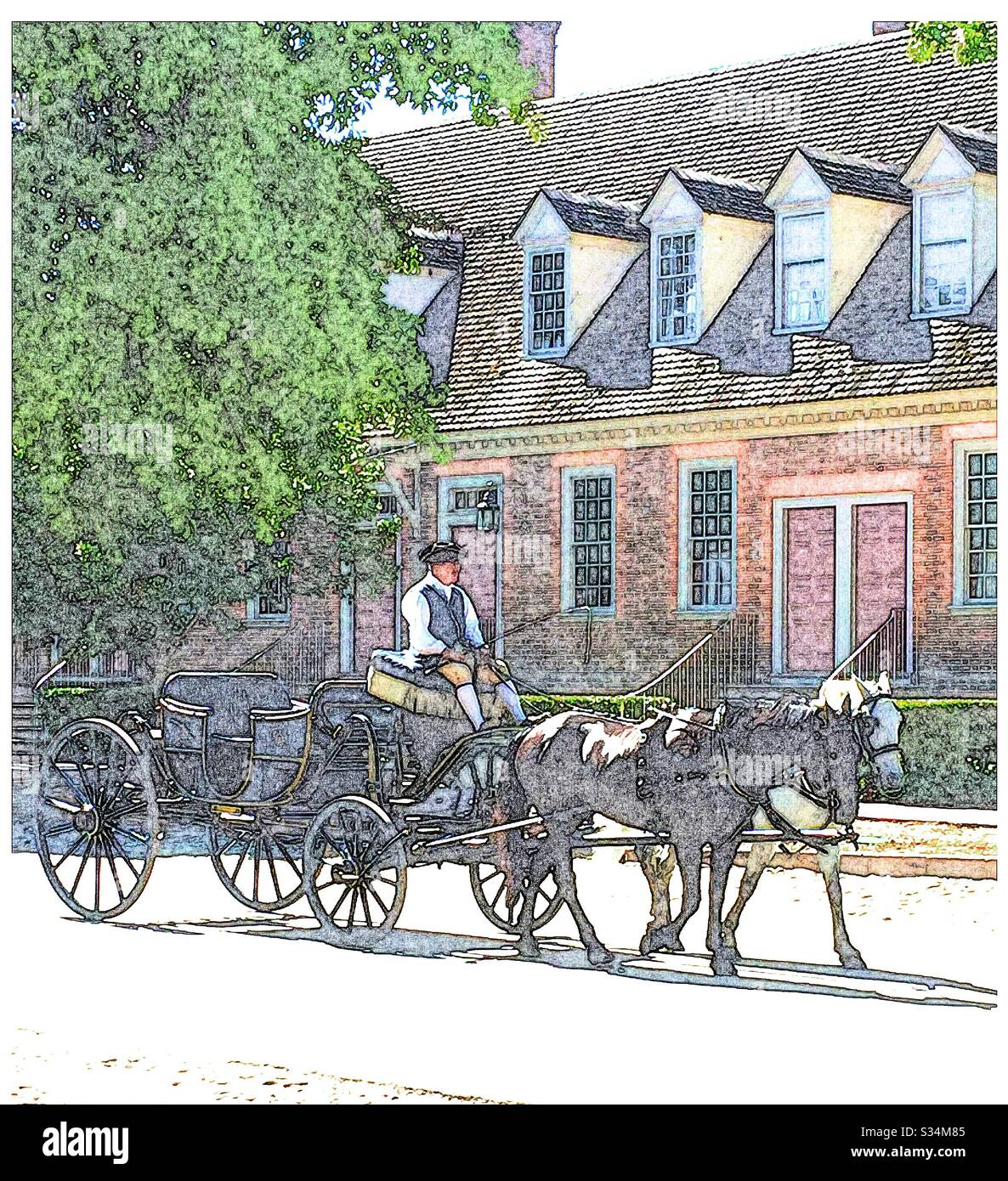 Bild eines Mannes, der einen Pferdewagen im historischen Williamsburg Virginia steuert. Stockfoto