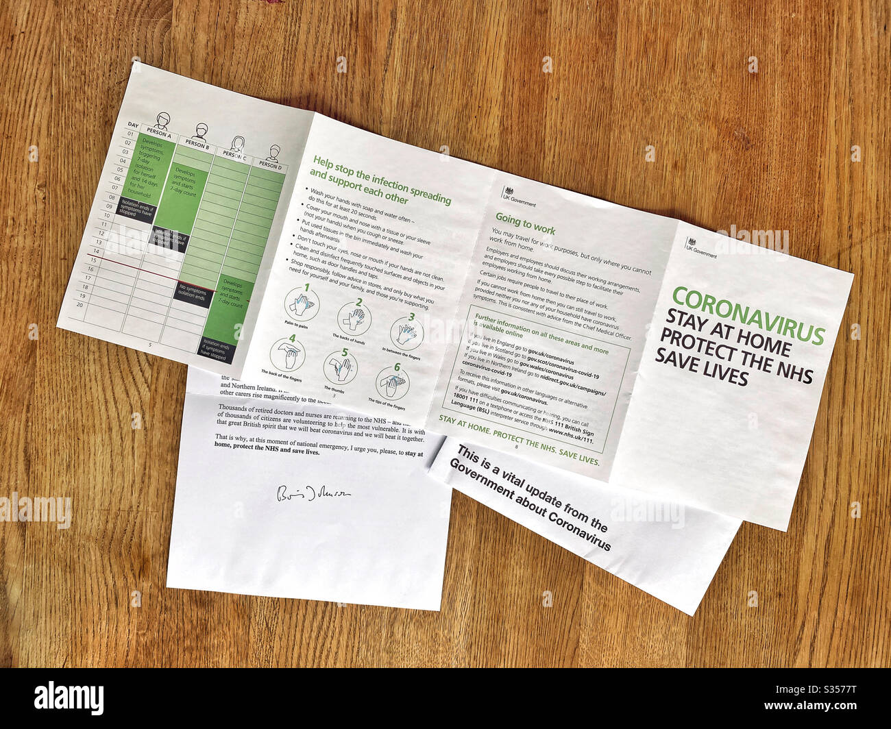 Ein lebenswichtiges Flugblatt und Brief der britischen Regierung an alle Haushalte bezüglich der globalen Coronavirus-Pandemie. Brief von Premierminister Boris Johnson unterzeichnet. Bildnachweis - ©️ COLIN HOSKINS. - Smartphone-aufgenommenes Stockfoto
