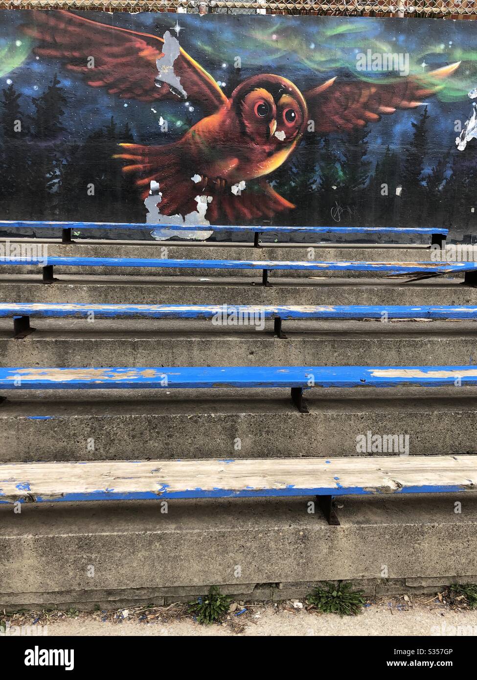 Eine bemalte Wand eines Adlers hinter der Tribüne eines Außenfeldes. Stockfoto