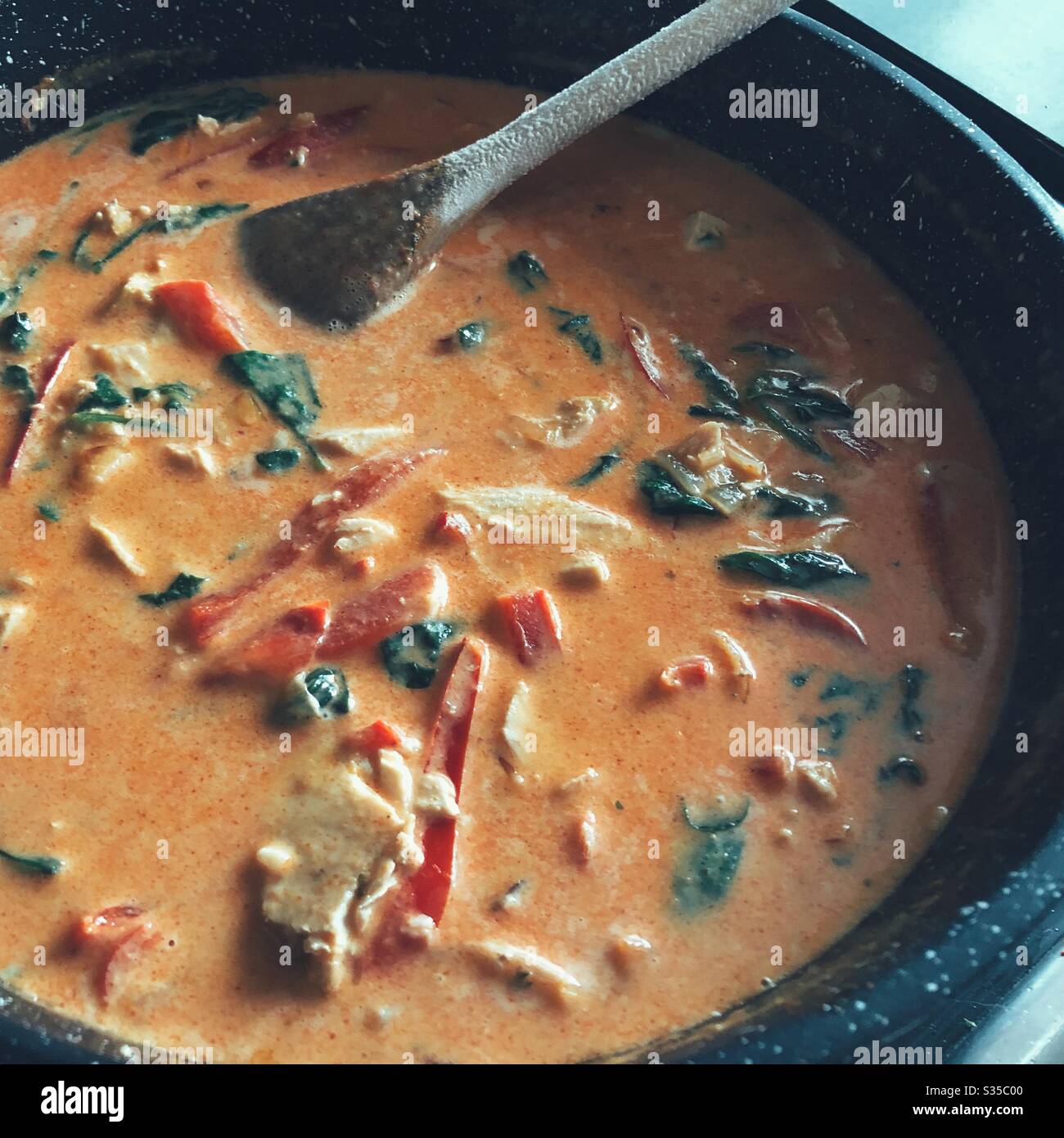 Nahaufnahme von Coconut Chicken Curry, das in einer Pfanne zubereitet wird Stockfoto Nahaufnahme von Coconut Chicken Curry, das in einer Pfanne zubereitet wird Stockfoto