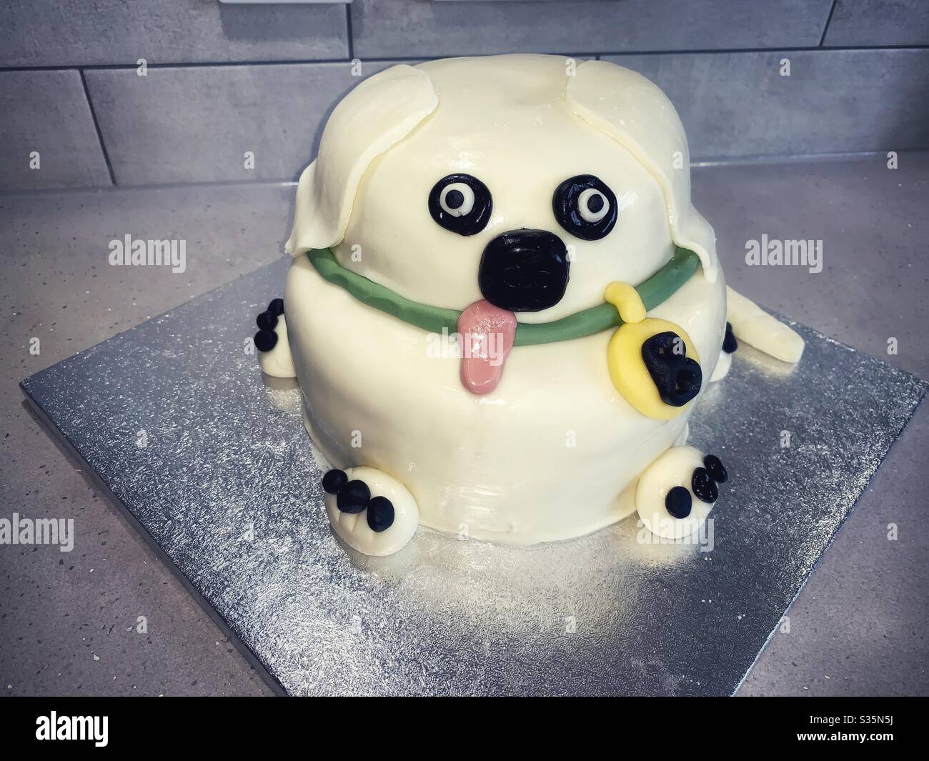 Hausgemachte Hund Feier Kuchen. Golden Retriever Geburtstagskuchen. Hausgemacht von einem Anfänger Bäcker. Stockfoto