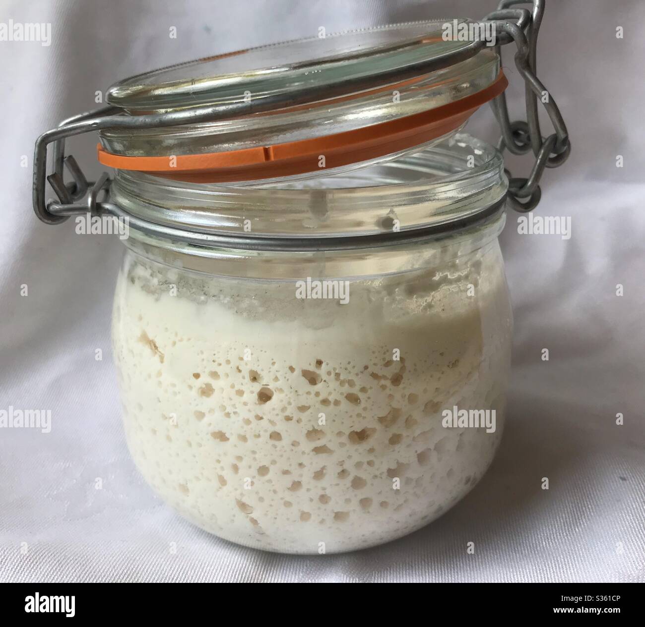 Sauerteig Starter sprudelnd in einem Glasgefäß - Smartphone-aufgenommenes Stockfoto