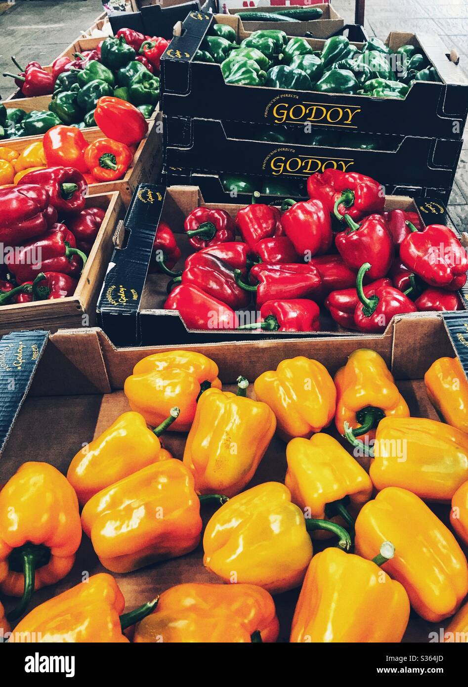 Rote, orange, gelbe und grüne Paprika in Boxen zum Verkauf bereit Stockfoto