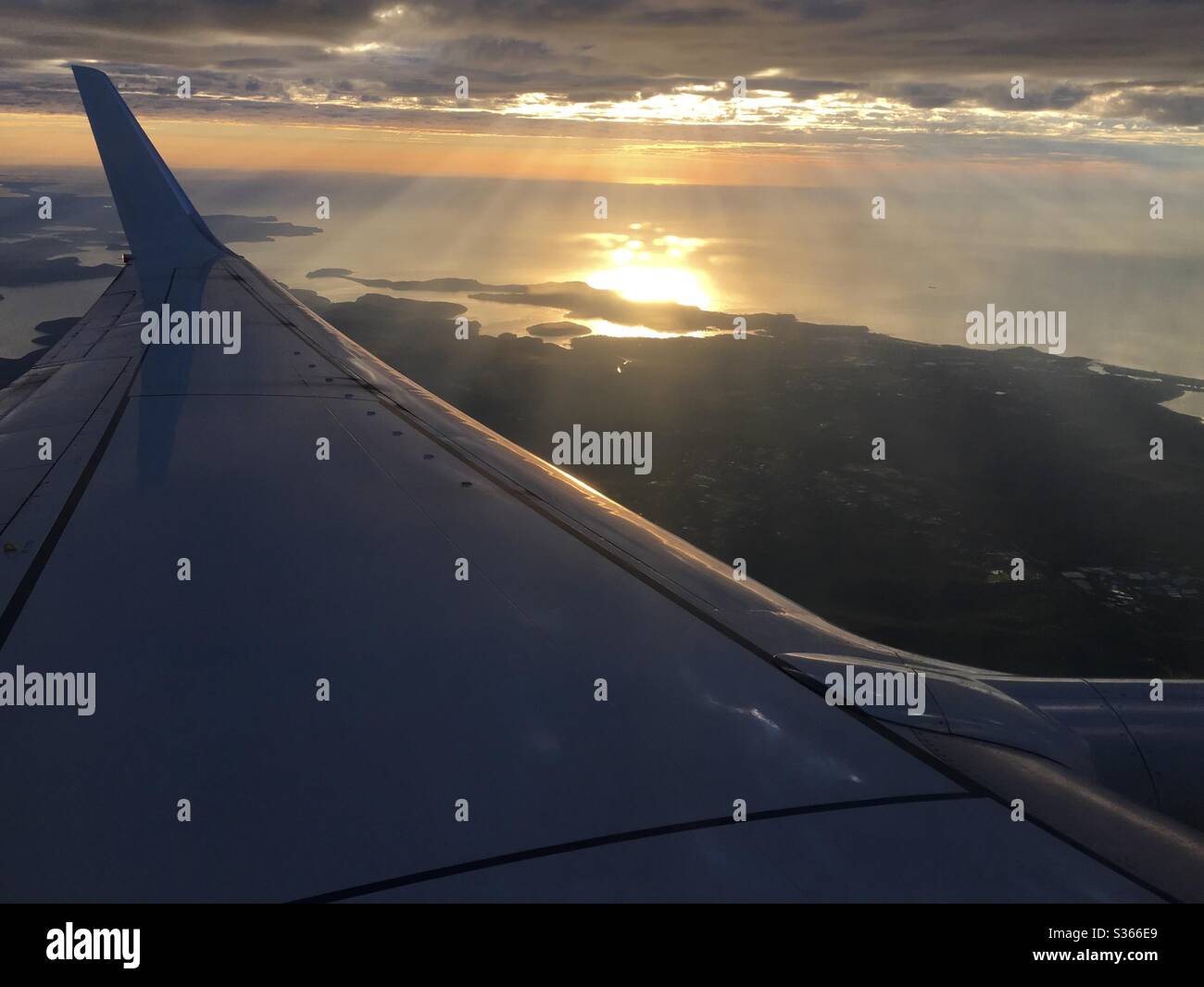 Blick über den Flügel einer Boeing 737 bei Sonnenaufgang auf Scotland Island, Pittwater, Sydney, Australien. Stockfoto