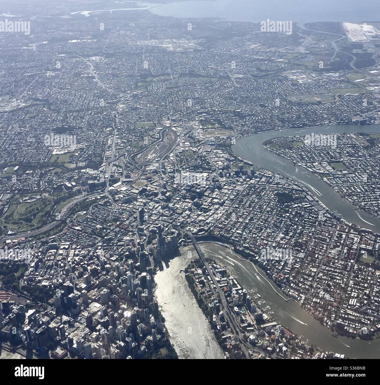 Luftaufnahme von Brisbane City, Brisbane River, Kangaroo Point, New Farm, Queensland, Australien Stockfoto