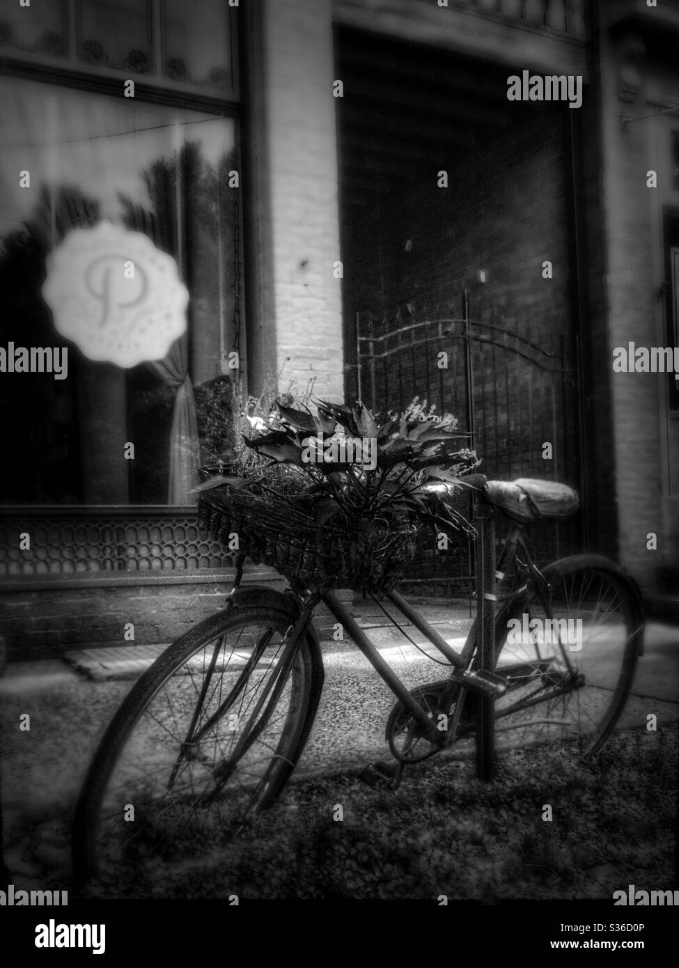 Altes Fahrrad parkte vor einem Geschäft in HarmarVillage Stockfoto