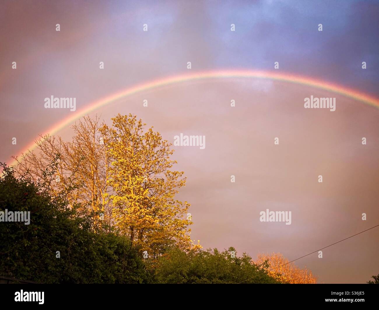Ein malerischer Blick auf einen dramatischen Himmel mit schönen und bunten Regenbogen gegen Regenwolken, während die Sonne untergeht während der goldenen Stunde und abstrakte Farben erzeugt. Symbol der Hoffnung in Zeiten der Mühe. Stockfoto