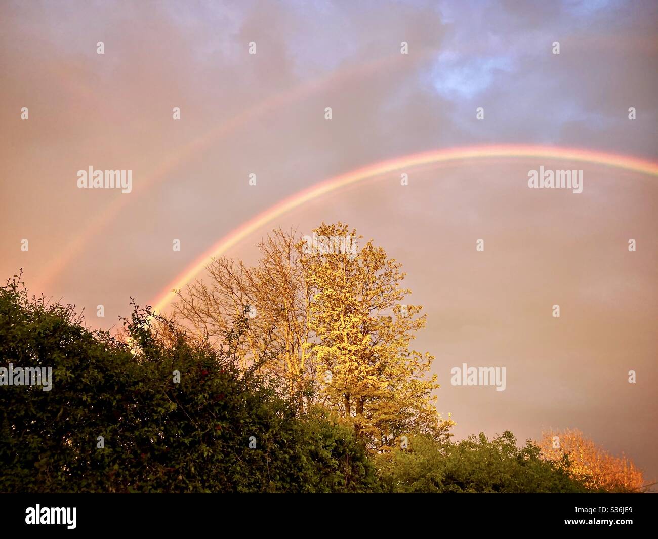 Ein malerischer Blick auf einen dramatischen Himmel mit schönen und bunten Regenbogen gegen Regenwolken, während die Sonne untergeht während der goldenen Stunde und abstrakte Farben erzeugt. Symbol der Hoffnung in Zeiten der Mühe. - Smartphone-aufgenommenes Stockfoto
